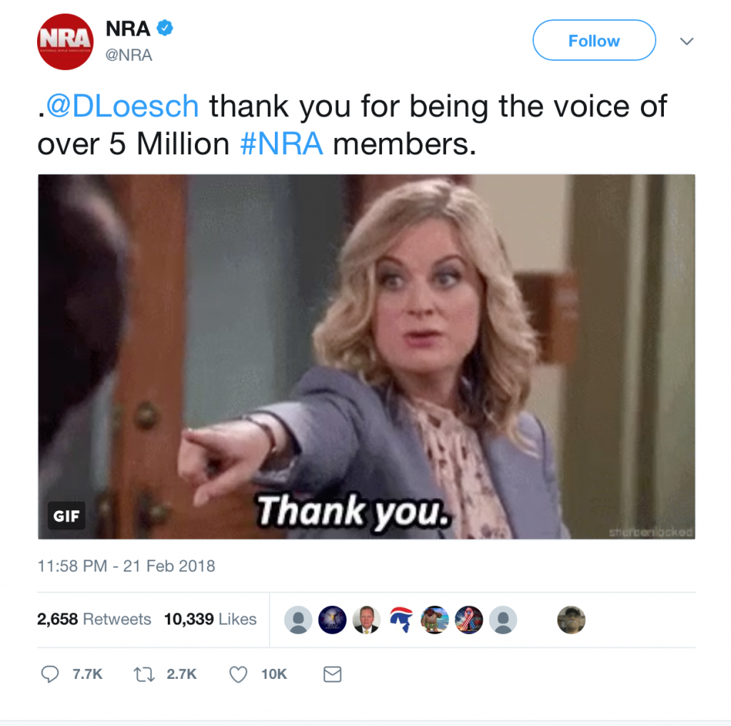 Screen Shot of NRA Twitter Post using Parks and Rec GIF of Leslie Knope saying "Thank you"