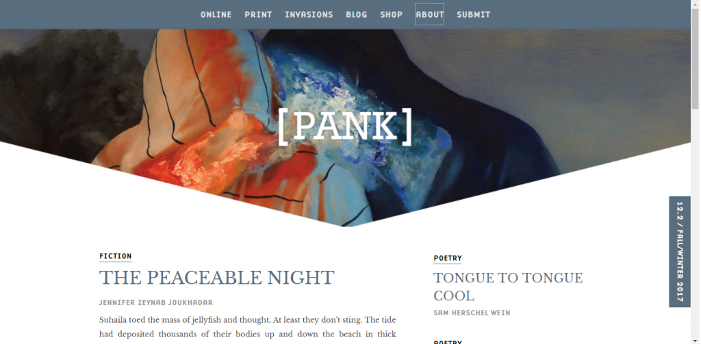 A screenshot of PANK's homepage. It shows PANK's navigation bar and header, and below that, samples of the magazine's fiction and poetry.