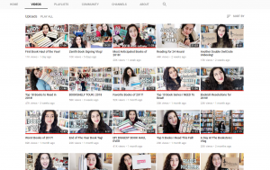 A screenshot of the YouTube channel of AClockworkReader, a "Booktuber" who makes videos about books she reads and buys as a member of the community.