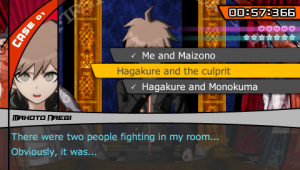 A screenshot of the video game Danganronpa, where the player is encouraged to make a choice in response to a murder mystery trial.